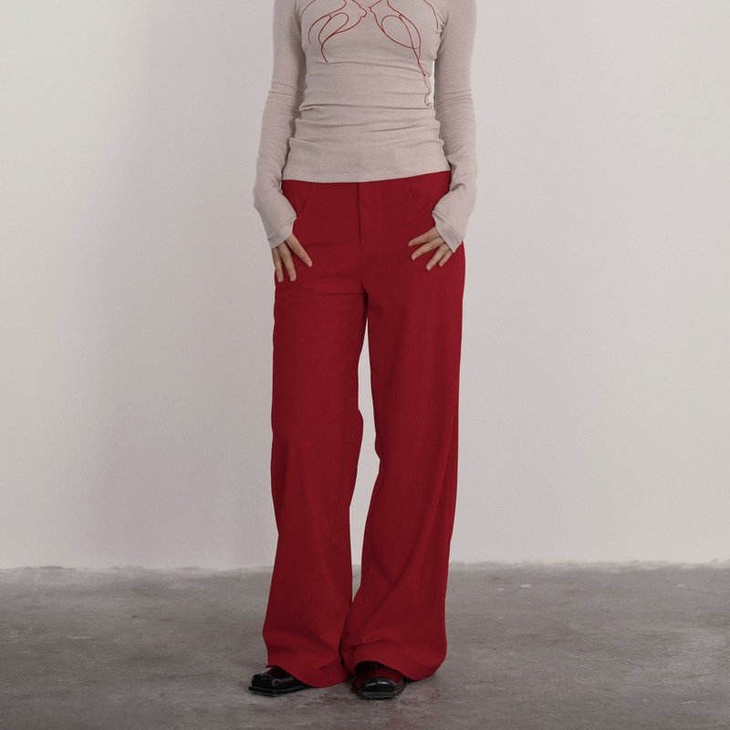法式复古 / 时髦阔腿裤 / 灯芯绒 - 女装长裤 - 其他材质 红色
