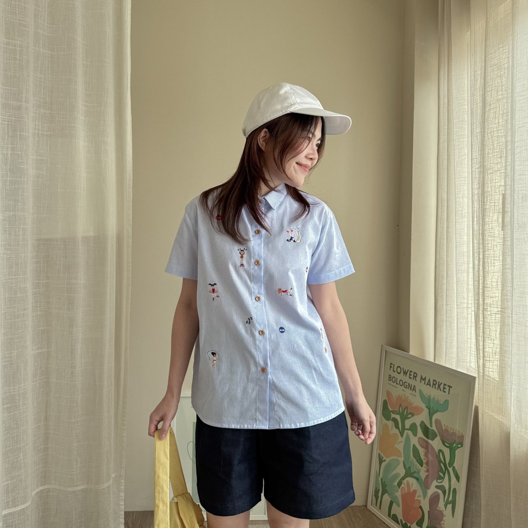刺绣衬衫 (Embroidery Shirt) 蓝色条纹 (Blue Stripe) - 女装衬衫 - 棉 蓝色