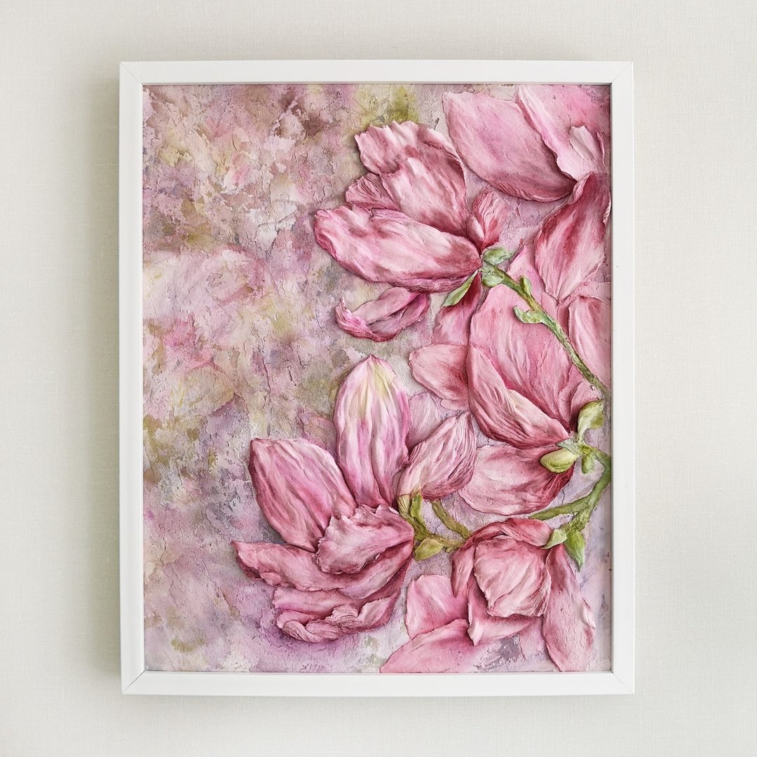 Magnolia sculpture painting Floral wall art Pink flowers Bedroom wall decor - 墙贴/壁贴 - 其他材质 粉红色