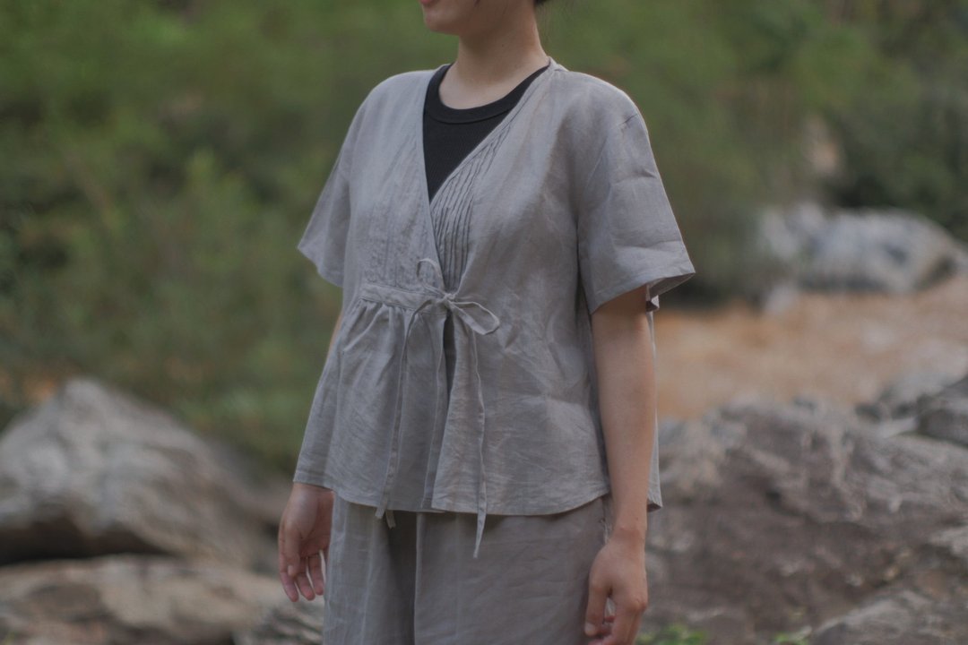 oki top | linen with natural color - 女装上衣 - 棉 咖啡色
