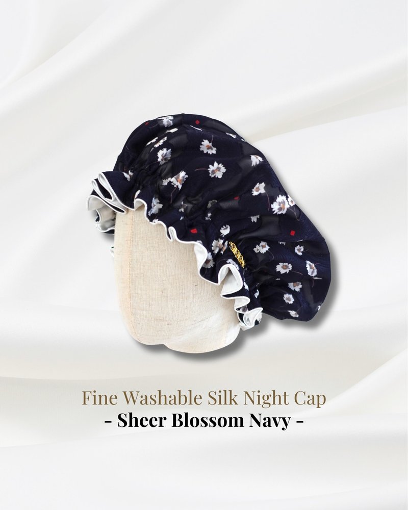 日本制可水洗蚕丝睡帽 Sheer Blossom Navy 缕缕花漾 蓝色 生日礼物 滚边 压线 印花 - 脸部按摩/清洁工具 - 丝．绢 蓝色