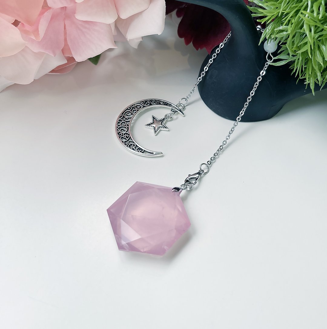 灵摆第一专业品牌 粉晶 尖锥 六芒星 粉水晶 灵摆 项链 水晶 吊坠 - 项链 - 水晶 粉红色