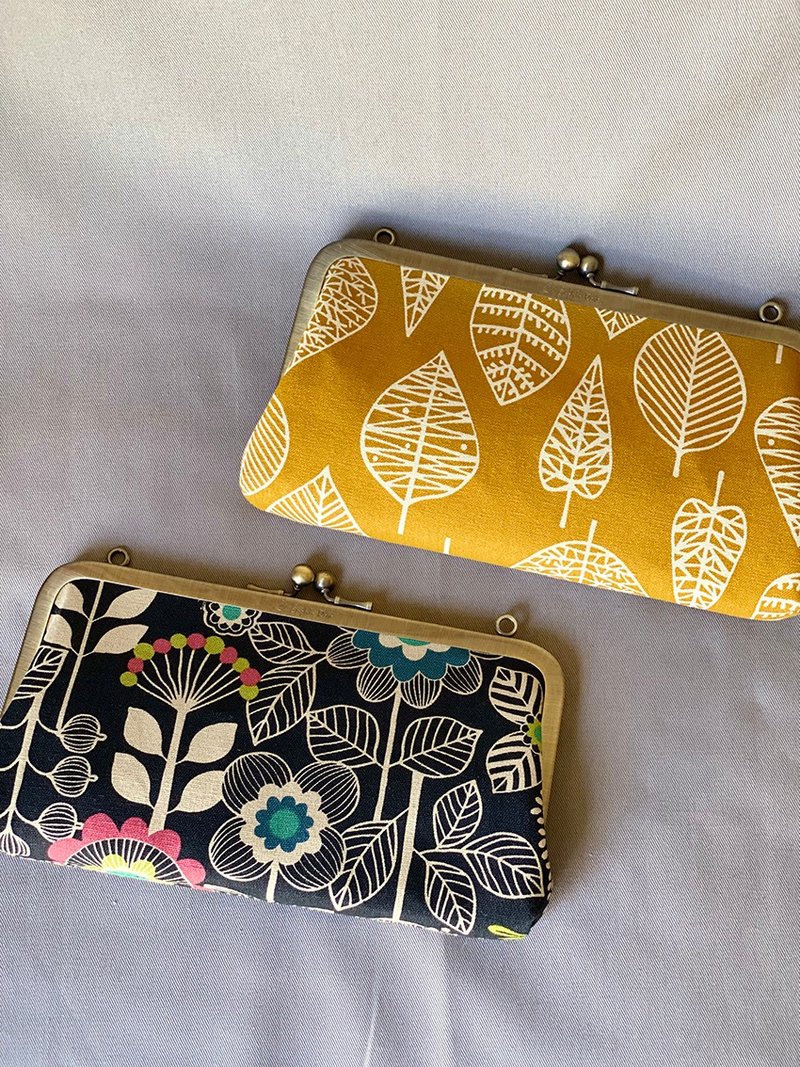 口金包 口金长夹 手拿包 钱包 肩背包 腕包 亲子口金/花叶系 - 手拿包 - 棉．麻 黄色