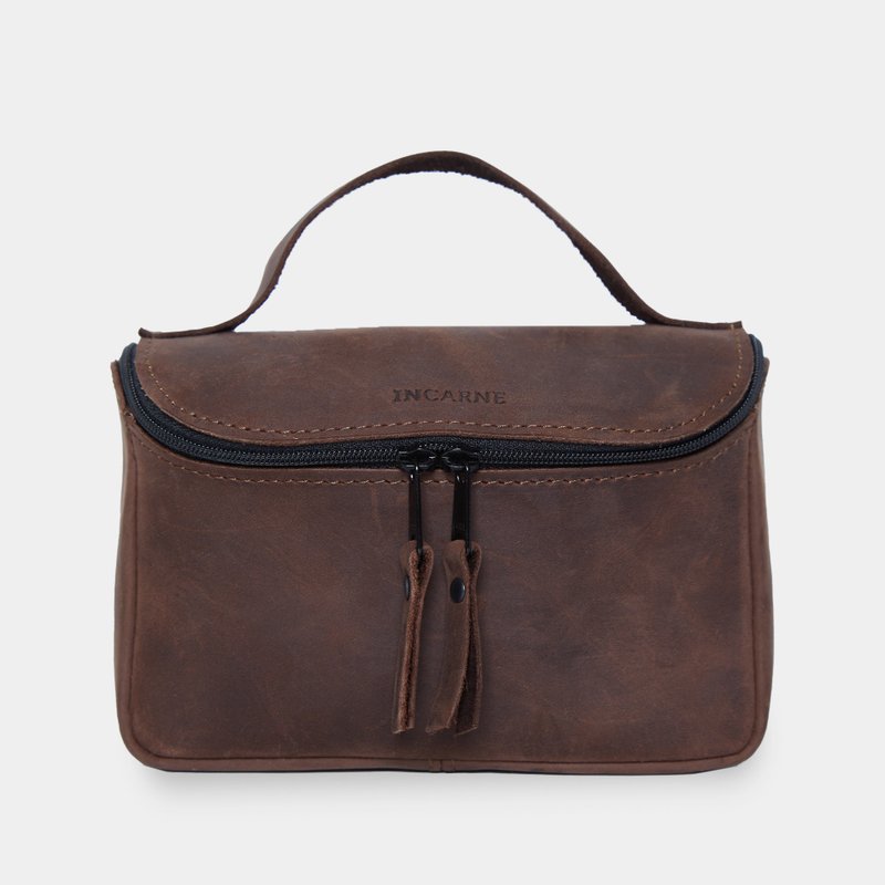 棕色复古皮革洗漱包 – 手工制作的化妆品收纳包 - 化妆包/杂物包 - 真皮 咖啡色