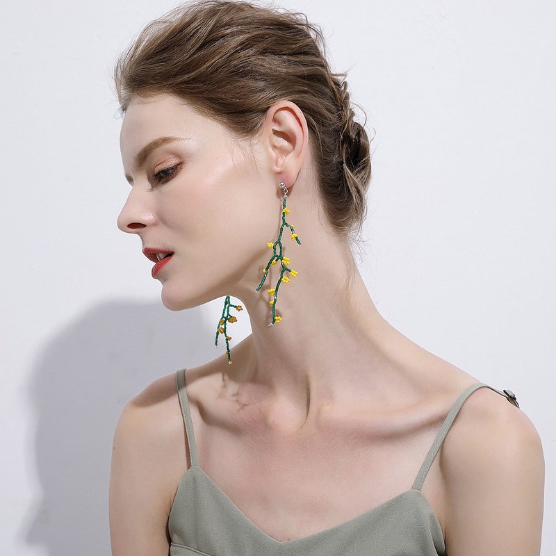 Two.L.Liu 小碎花耳环 春天树枝小花耳针耳夹 - 耳环/耳夹 - 其他材质 绿色