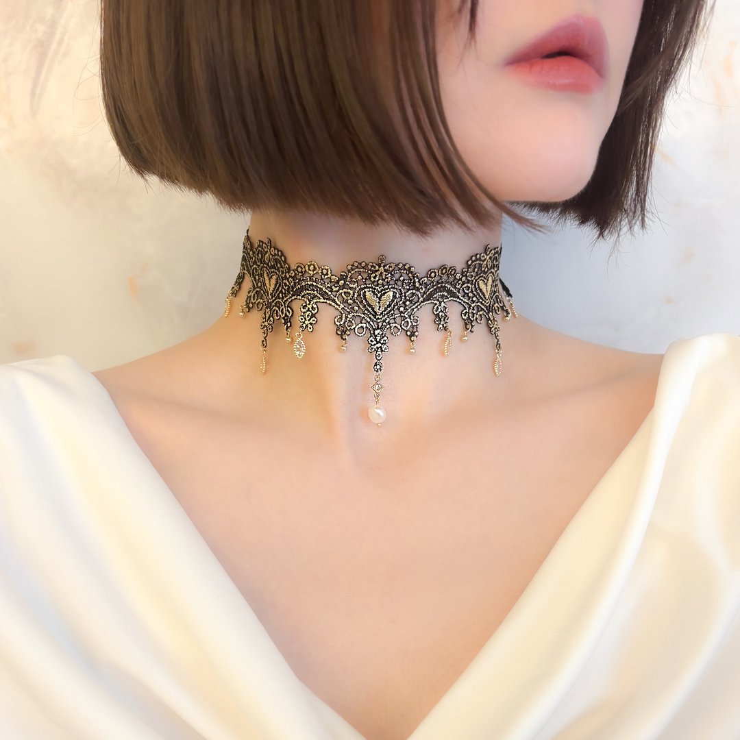 Aphrodite's Tears / Antique Gold Lace and Cubic Zirconia Choker SV676 - 颈链 - 其他金属 金色