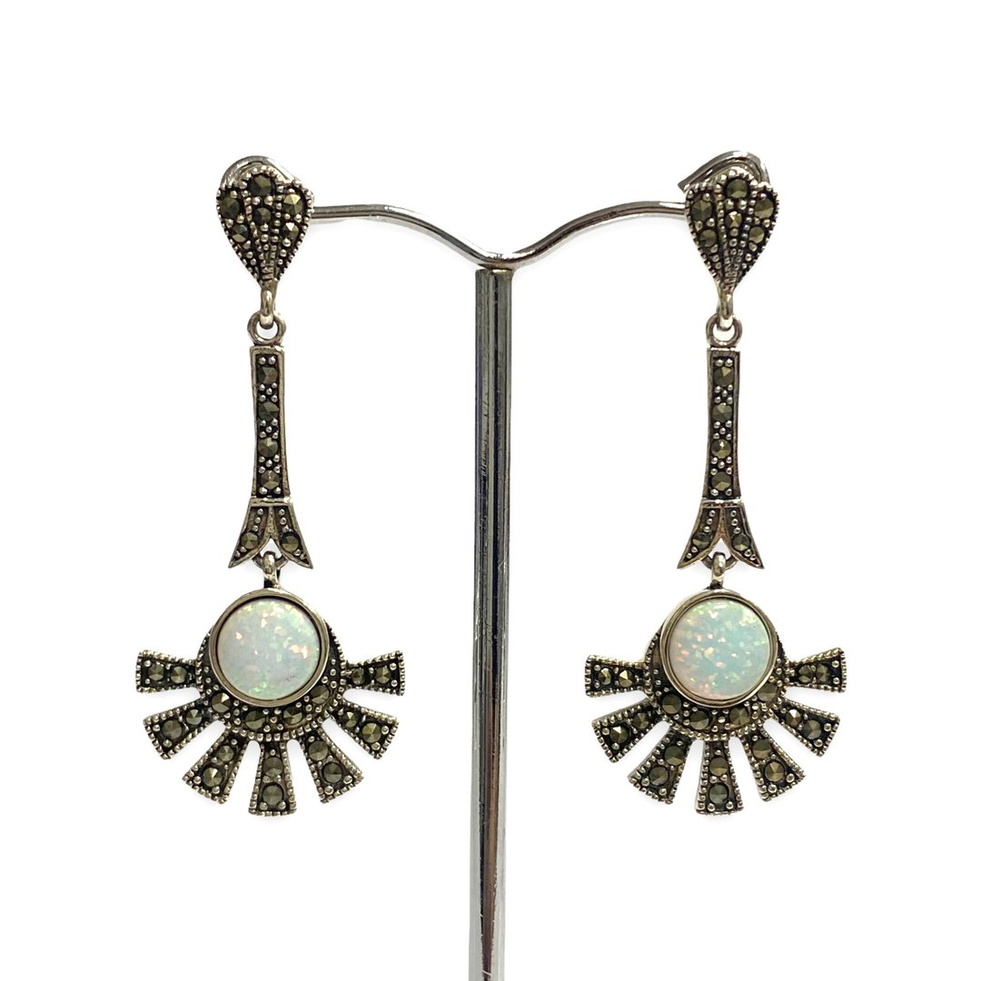 Art Deco Style Gilson Opal Stone Fan Set Pendant & Earrings 925 Sterling Silver - 耳环/耳夹 - 纯银 银色