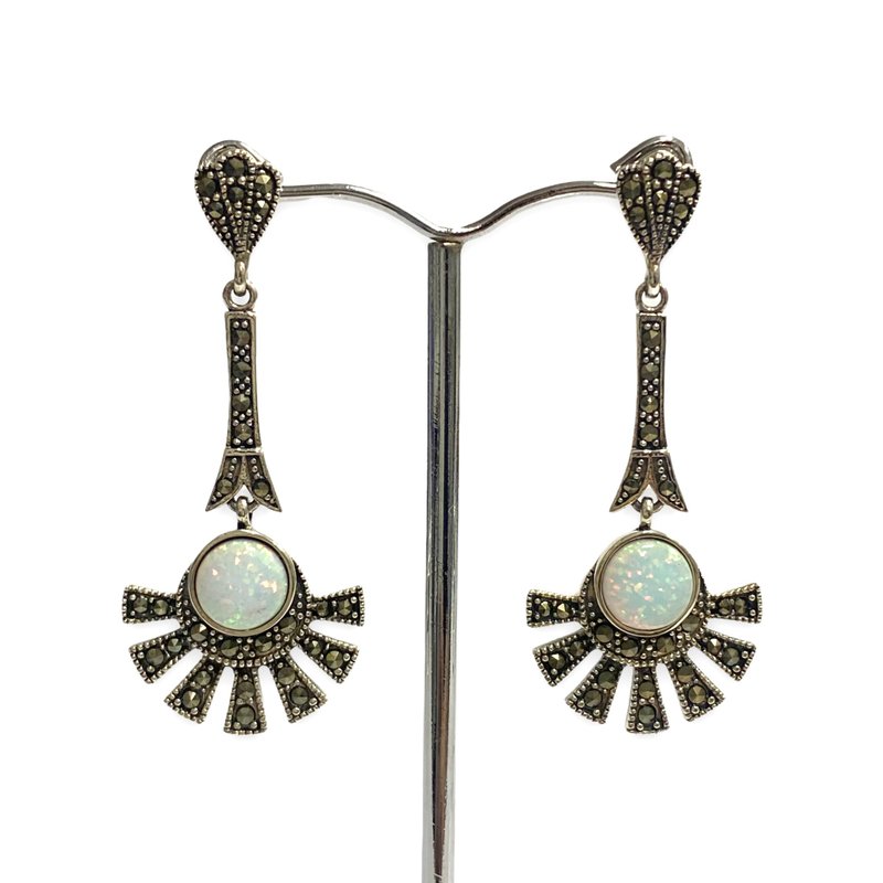 Art Deco Style Gilson Opal Stone Fan Set Pendant & Earrings 925 Sterling Silver - 耳环/耳夹 - 纯银 银色