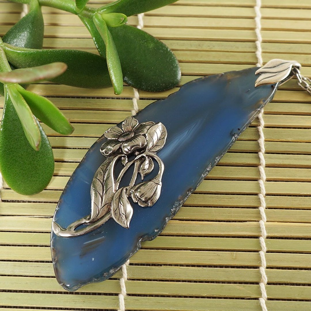 Blue Agate Slice Necklace Agate Slab Silver Flower Pendant Necklace Jewelry Gift - 项链 - 半宝石 蓝色