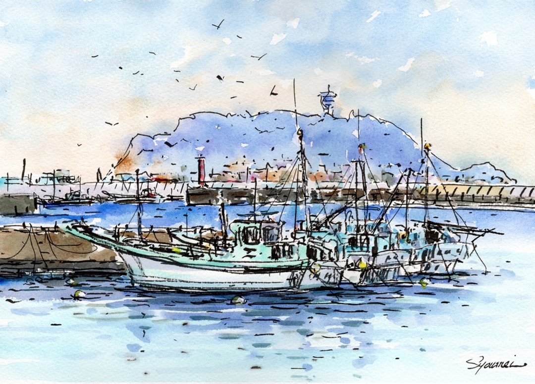 水彩画原画 腰越渔港风景 B - 海报/装饰画/版画 - 纸 蓝色