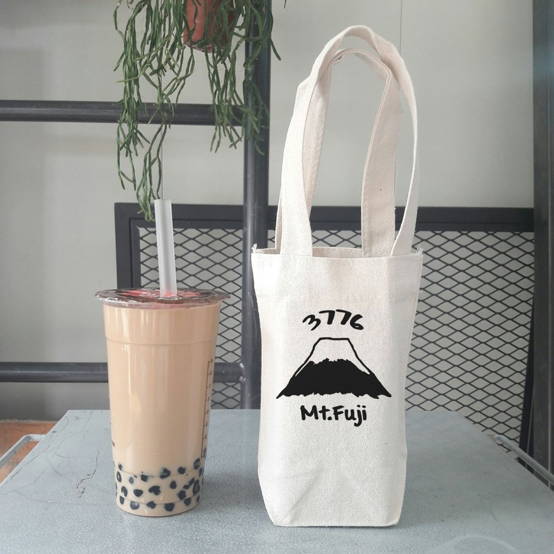Mt Fuji 3776【现货】 帆布 袋 咖啡 随行杯 饮料提袋 富士山 - 随行杯提袋/水壶袋 - 棉 白色
