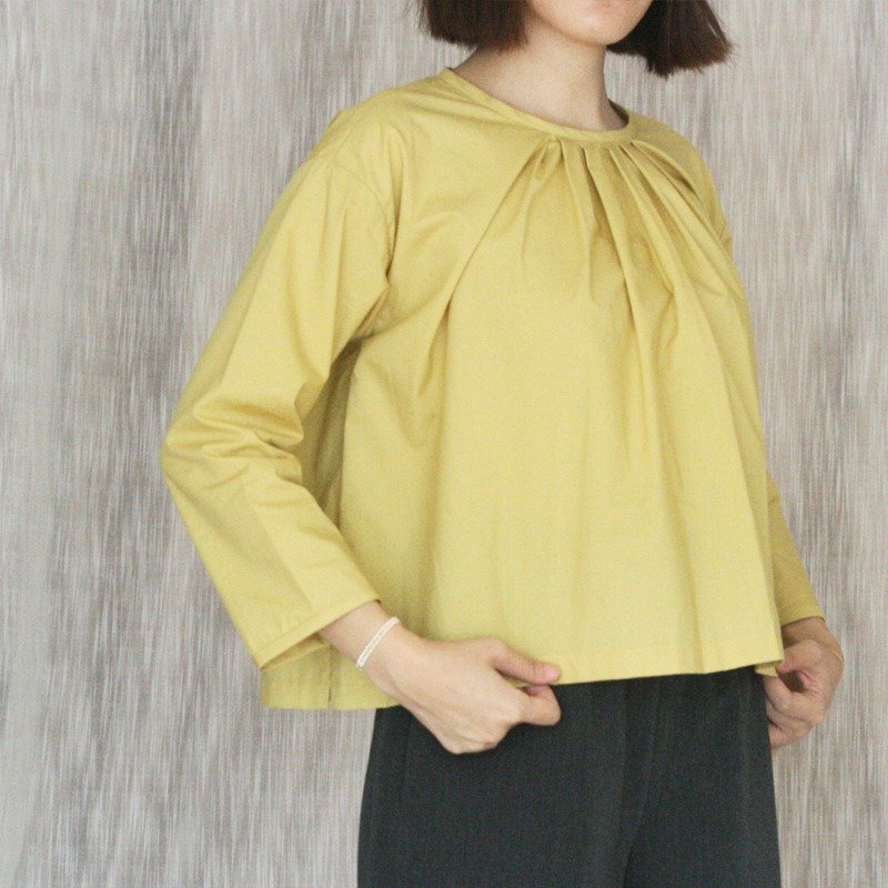 短抓折衬衫 黄/白 - 女装衬衫 - 棉．麻 黄色