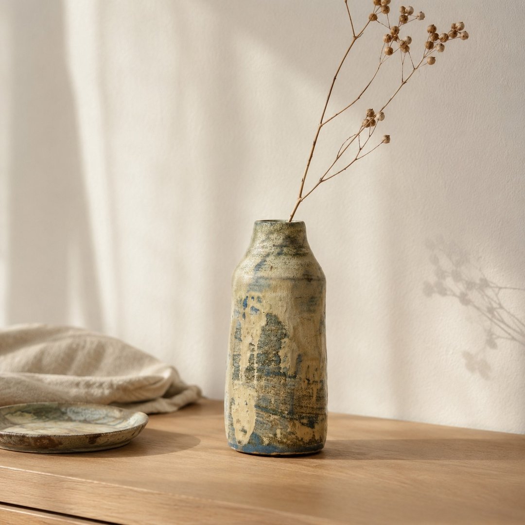 Rain Potter・苔影直瓶・台湾手作陶花器・侘寂石纹釉・唯一作品 - 花瓶/陶器 - 陶 银色