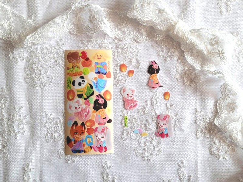 动物韩服 - 中秋节 - 可爱动物印章贴纸 (hirin) - 贴纸 - 纸 多色
