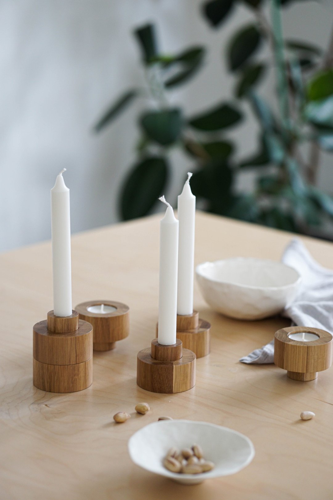 Oak Wood Taper Candlestick Set, Scandinavian Candle Holder, Housewarming gift - 蜡烛/烛台 - 木头 咖啡色