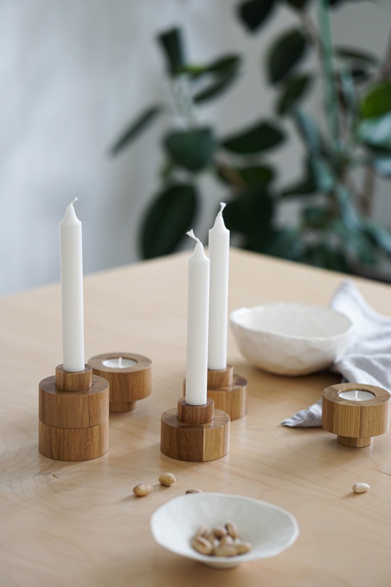 Oak Wood Taper Candlestick Set, Scandinavian Candle Holder, Housewarming gift - 蜡烛/烛台 - 木头 咖啡色