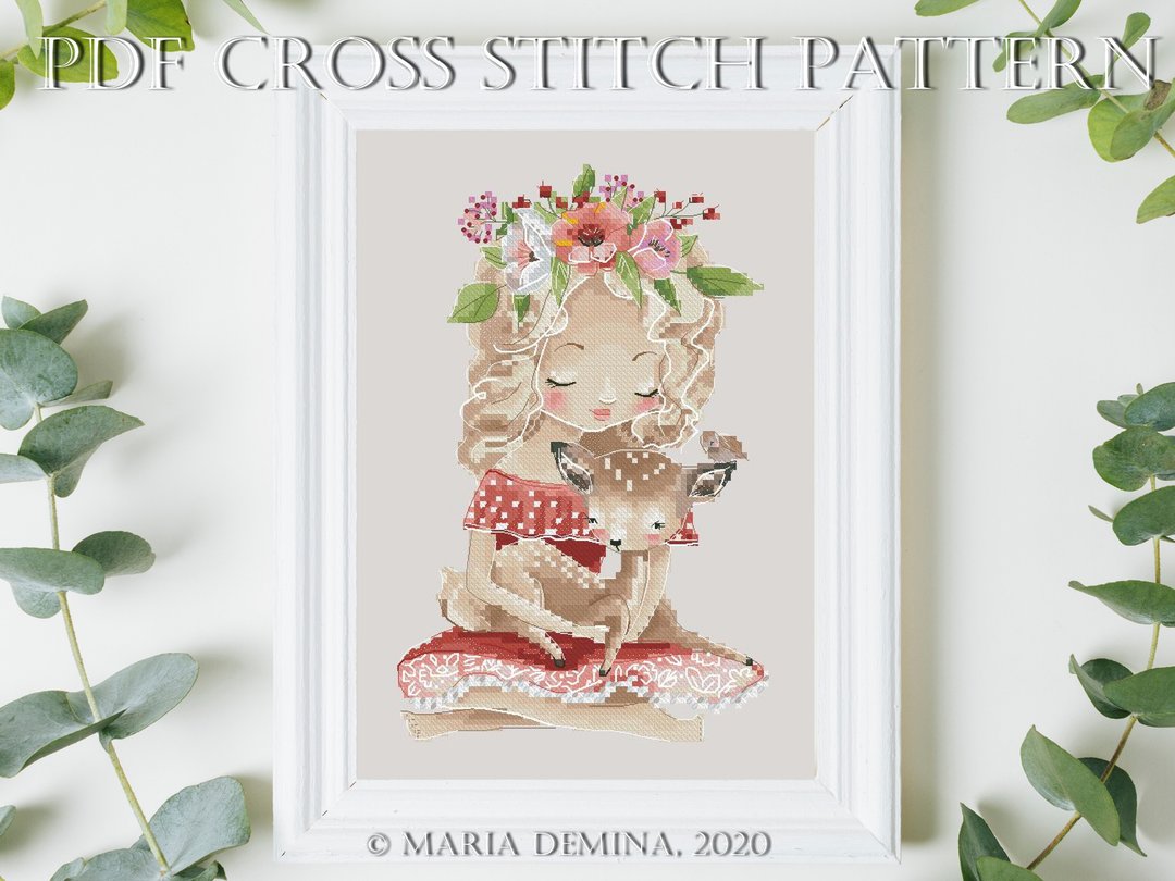 The Girl And Baby Deer PDF cross stitch pattern 动物 女孩 十字绣 - 手工艺教程/工具书 - 其他材质 