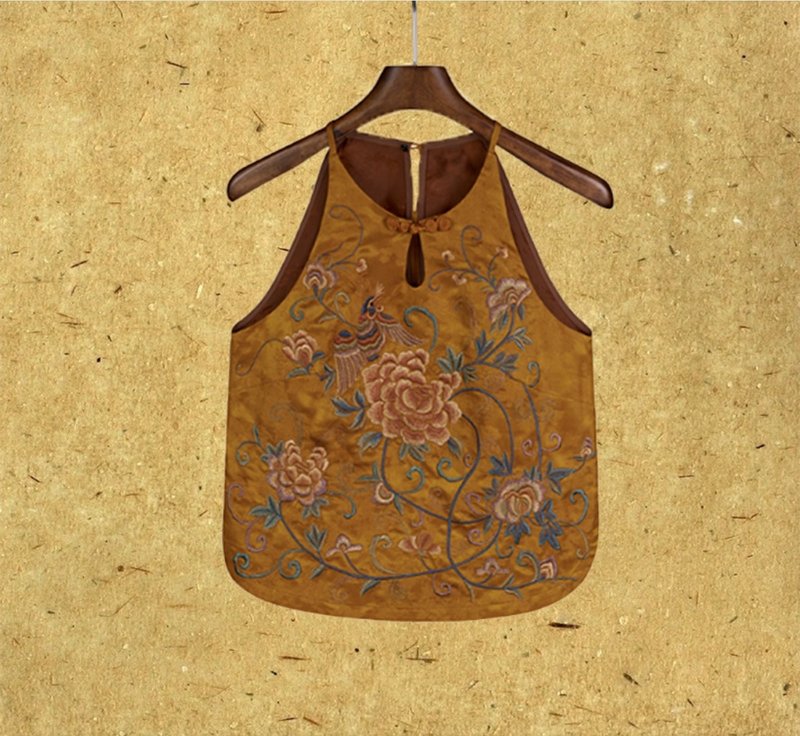 婉璃  新中式复古香云纱 刺绣吊带背心 - 女装背心 - 丝．绢 绿色