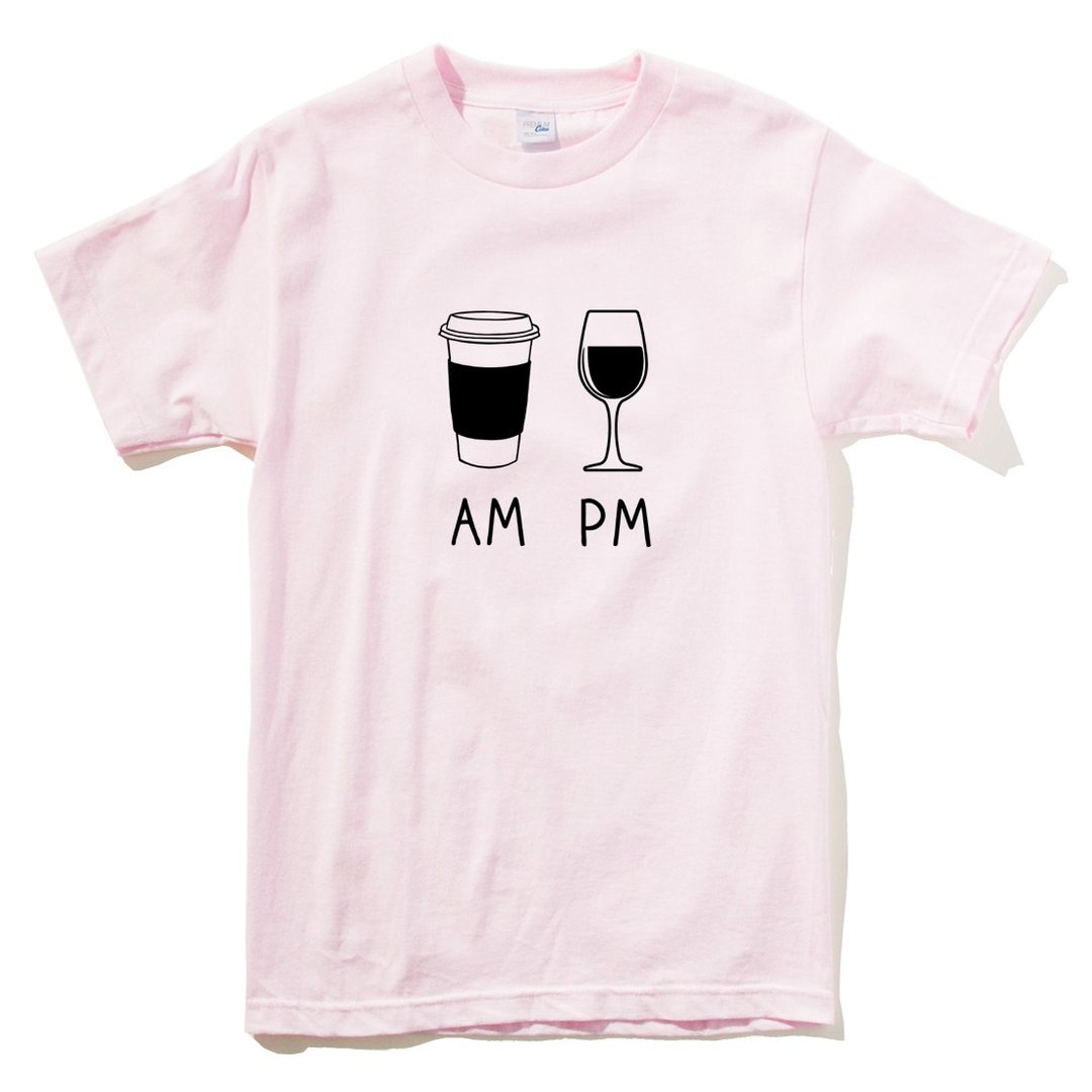 COFFEE AM WINE PM 短袖T恤 浅粉色 咖啡 酒 礼物 设计 插画 - 女装 T 恤 - 棉 粉红色