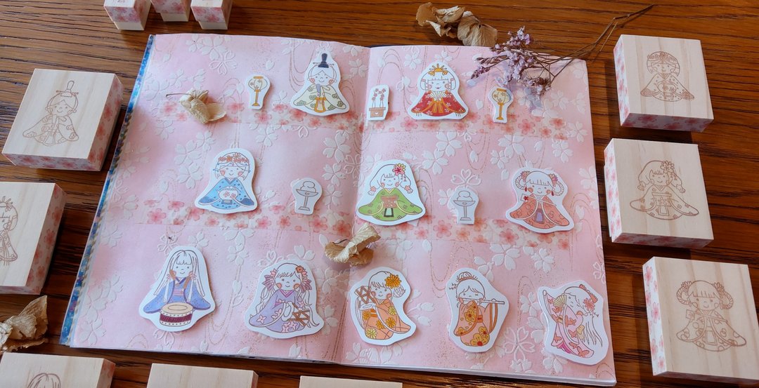 | 展示作品 | 日本女儿节雏偶娃娃 手刻印章 橡皮章 - 印章/印台 - 橡胶 粉红色