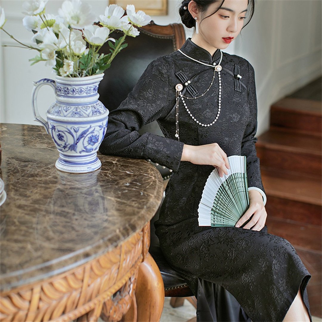黑色 夜未央 暗紋提花秋冬旗袍禮服 復古改良新中式國風晚宴洋裝 - 旗袍 - 聚酯纤维 黑色