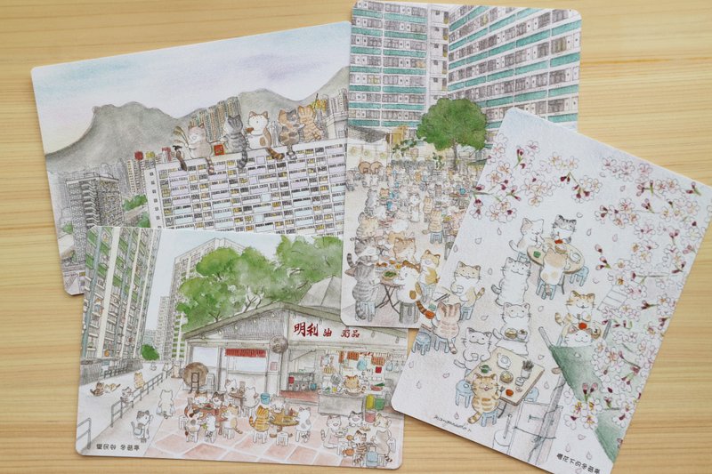 猫咪香港明信片 公屋系列 Set B-4张 - 卡片/明信片 - 纸 
