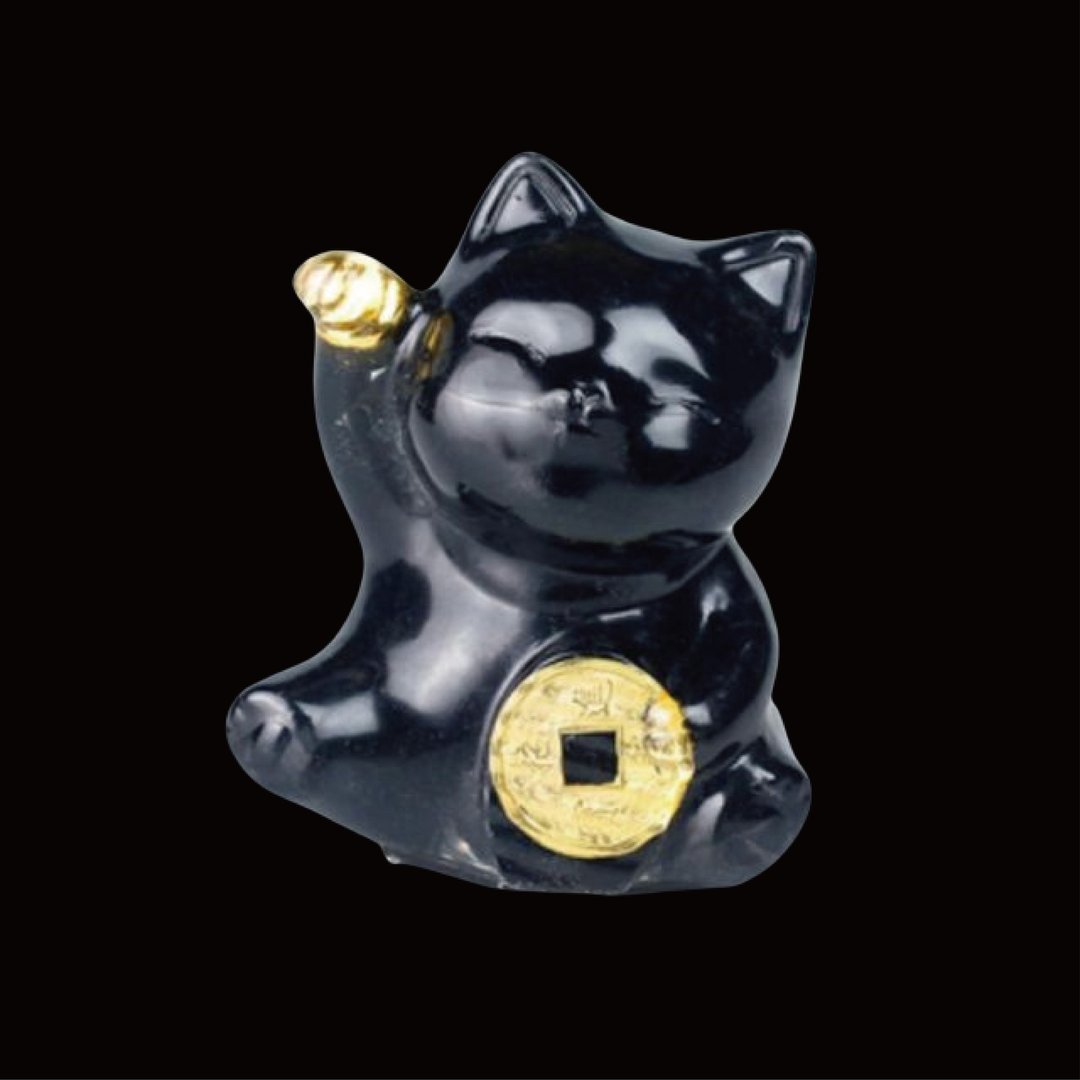 保庇BOBEE 中国工艺 天然水晶碎石招财猫 招财猫 - 黑曜石 - 摆饰 - 其他金属 黑色