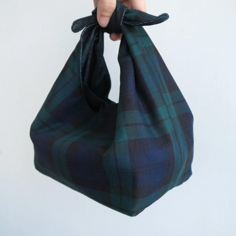 抗肺炎从自己准备安心便当开始 - 双面便当袋 | 蓝绿格纯棉x丹宁 - 便当盒/饭盒 - 棉．麻 