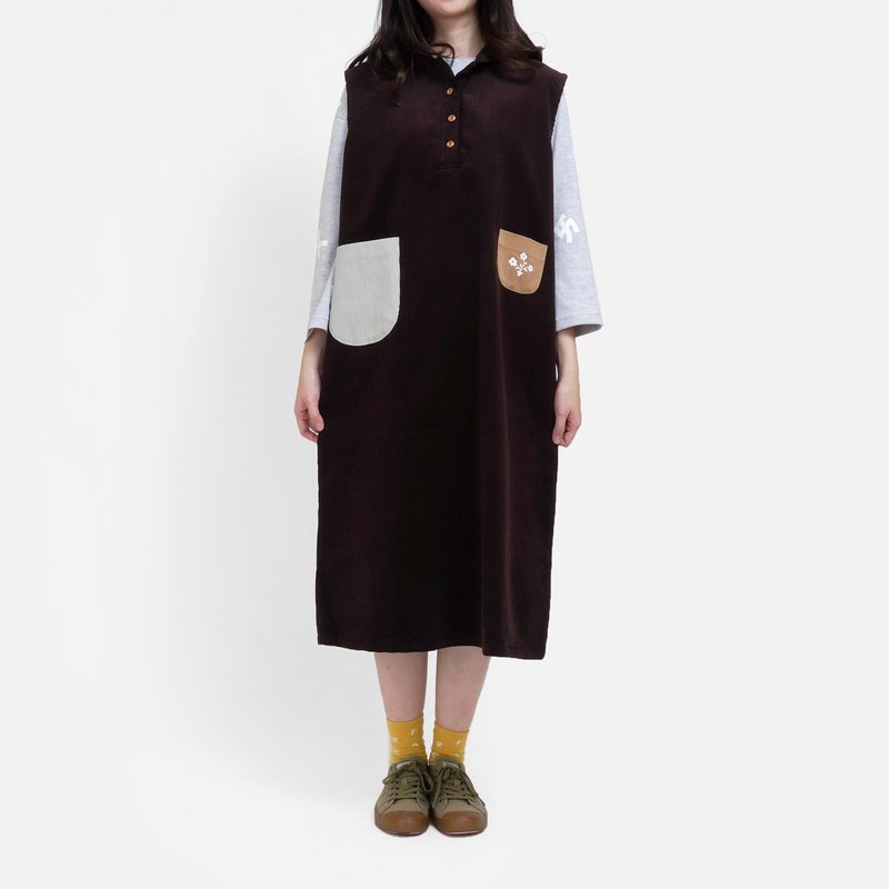 复古窗花拼接口袋灯芯绒连帽洋装 - 洋装/连衣裙 - 其他材质 咖啡色