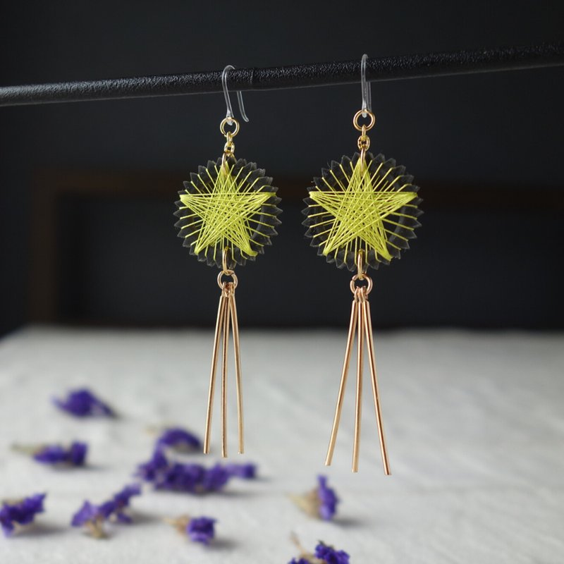 绢线制 流星垂坠耳环 / 耳夹 | 黄色款 | 包邮 - 耳环/耳夹 - 丝．绢 黄色