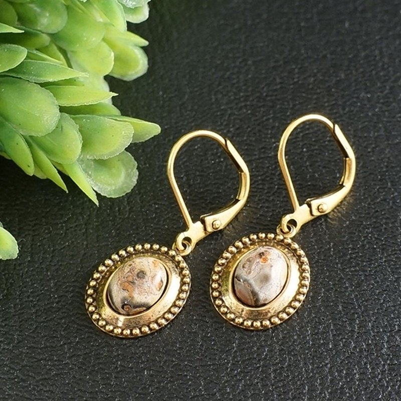 Beige Brown Leopard Skin Jasper Taupe Minimalist Golden Earrings Woman Jewelry - 耳环/耳夹 - 半宝石 金色