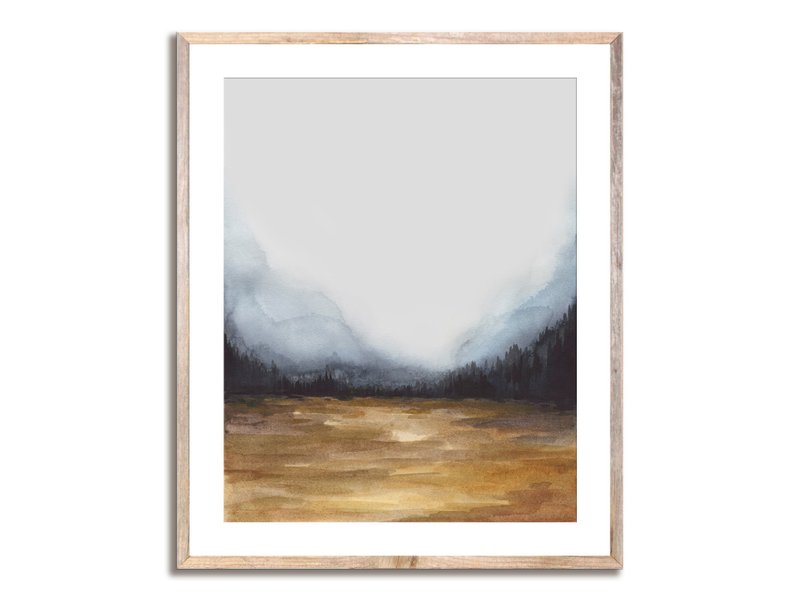 Smoky Landscape ART PRINT Watercolor Painting Wall Art Foggy Forest Abstract - 海报/装饰画/版画 - 纸 咖啡色