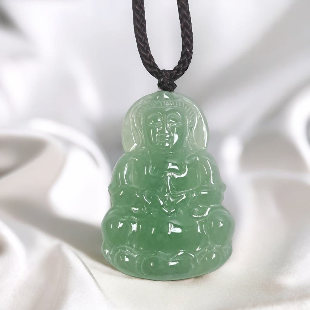 冰种油青翡翠观音菩萨项链 | 天然缅甸玉翡翠A货 | 送礼 - 项链 - 玉石 绿色