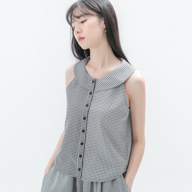 【Off-season sale】Shadow_绘影不对称格纹背心_20SF003_黑格纹 - 女装背心 - 聚酯纤维 黑色