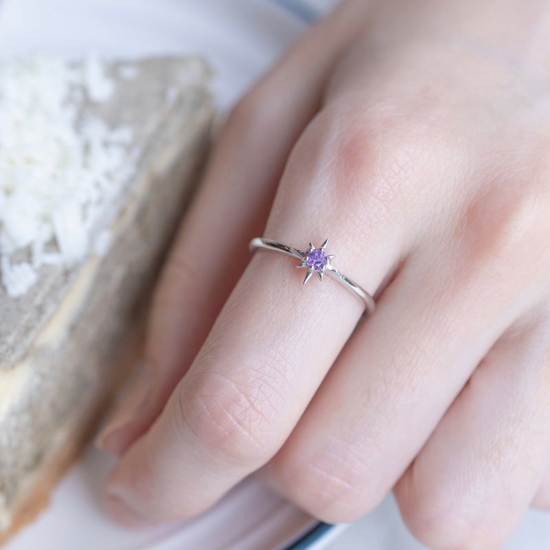 紫水晶925纯银星芒戒指 可调式戒指 - 戒指 - 宝石 银色