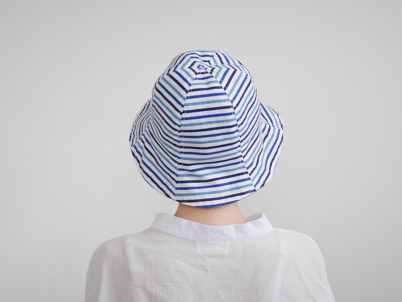 双面渔夫帽-蓝条纹 - 帽子 - 棉．麻 蓝色