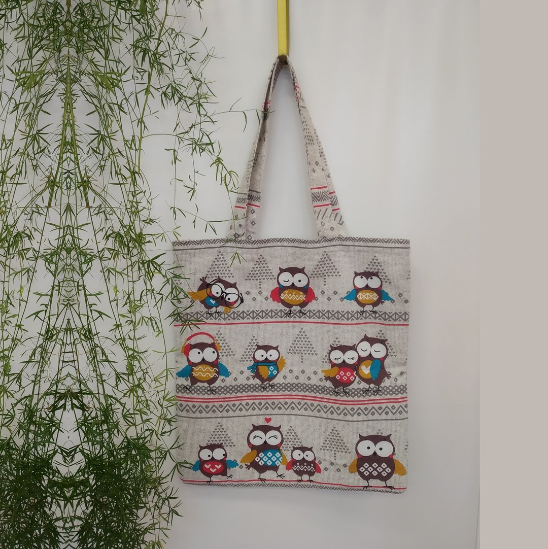 Strong reusable grey tote bag, cotton canvas bag with owls - 手提包/手提袋 - 棉 银色
