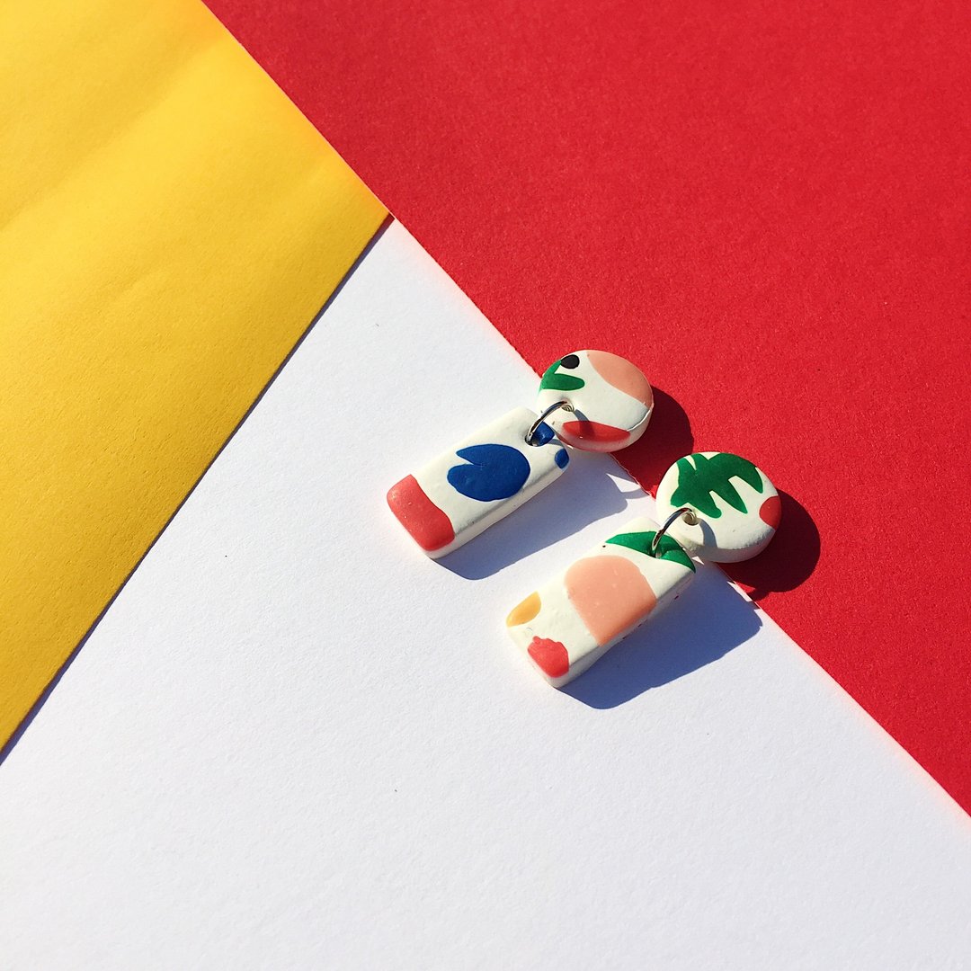 Hand made Polymer clay earrings 5 colour collection I-shape - 耳环/耳夹 - 其他材质 多色