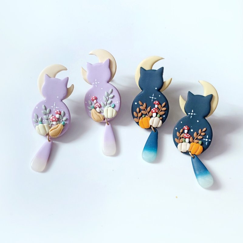bi kitty//小猫咪月亮菇菇魔法夜手工软陶大耳环 - 耳环/耳夹 - 粘土 多色