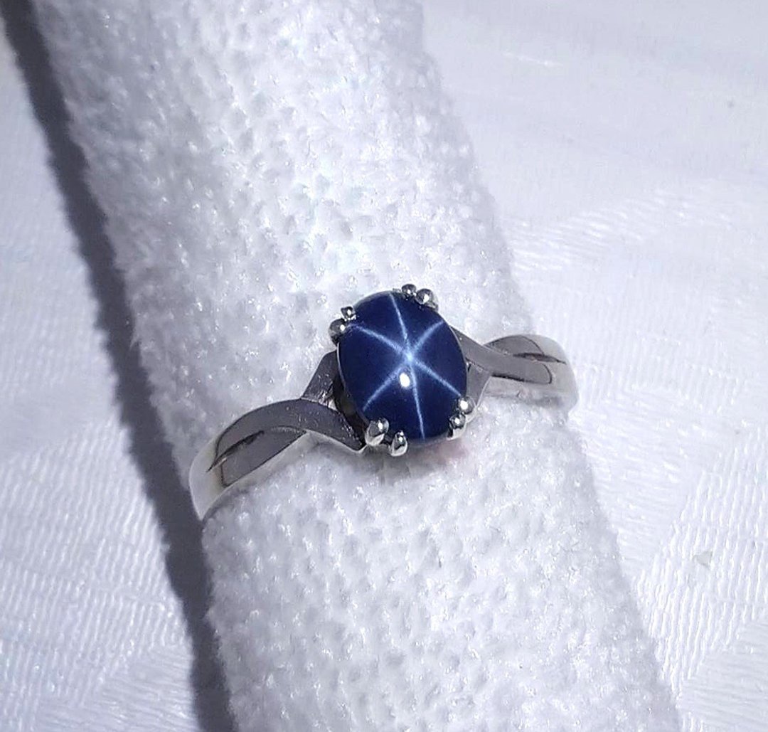 3.28 ct Natural star blue sapphier ring silver sterling size 7.0 free resize - 戒指 - 纯银 蓝色