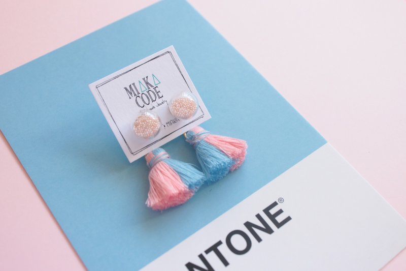 10mm透明玻璃球 珍珠 Pastel 拼色(蓝粉色) 流苏 耳环/耳夹 - 耳环/耳夹 - 玻璃 多色