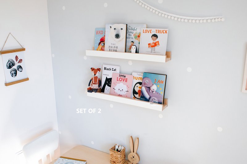 Set of 2 Floating Nursery Bookshelves, Floating Shelf, Picture Ledge, Book Ledge - 儿童家具 - 木头 