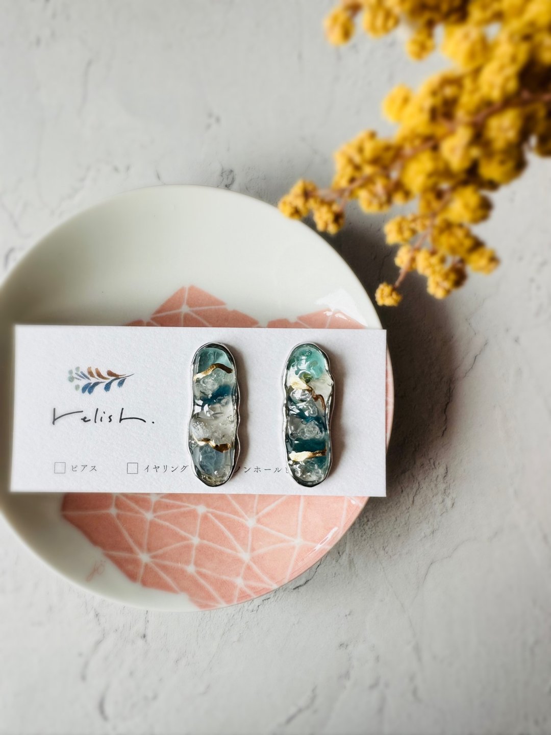 Summery natural stone x sea glass Kintsugi line Clip-On earrings non-pierced earrings - 耳环/耳夹 - 石头 蓝色