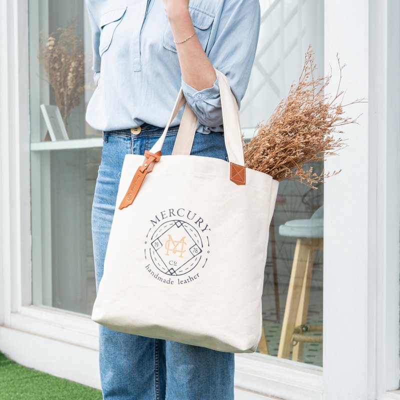 Mercury米色 大容量肩背 正/背双 logo 厚帆布袋 皮吊牌定制烙印 - 手提包/手提袋 - 棉．麻 