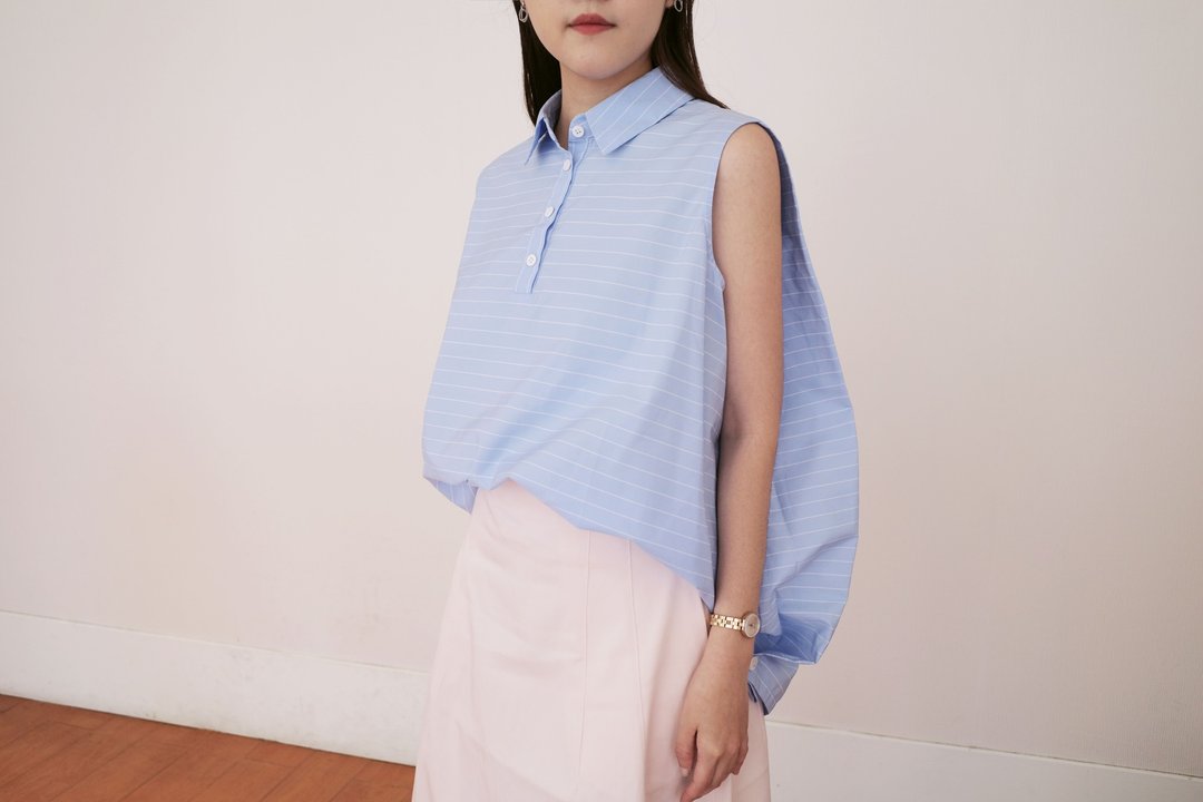 UUIN   _ 蓝条纹箱型背心 - 女装衬衫 - 棉．麻 蓝色