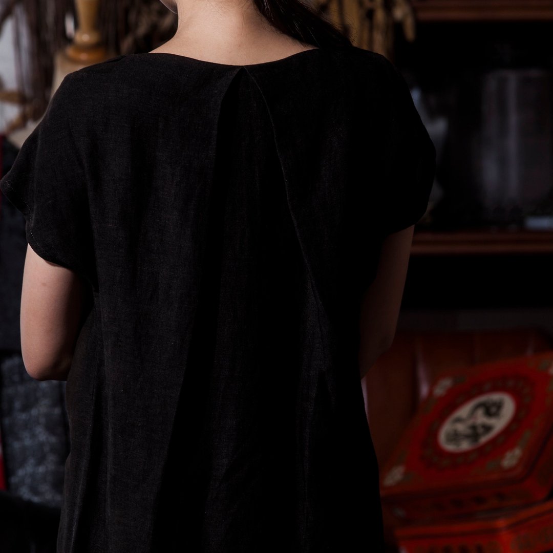 纯苎麻圆领短袖洋装黑100%RAMIE DRESS ONE PIECE_CD007 - 女装上衣 - 棉 黑色