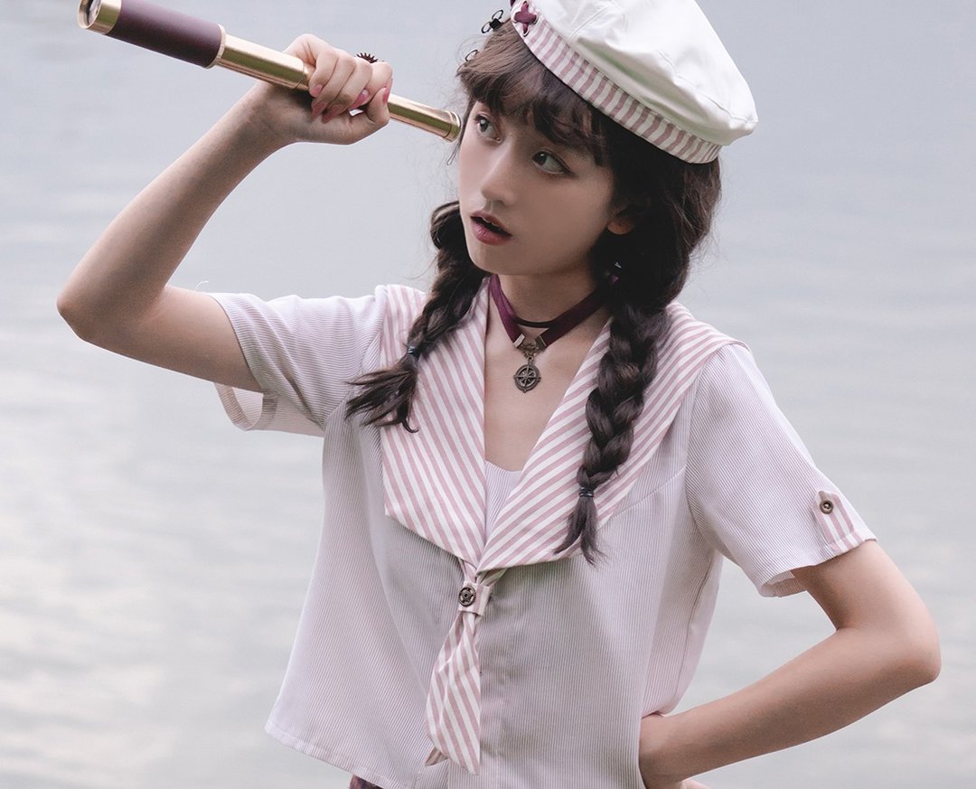 蒸汽朋克 粉白条纹 水手服 水手领制服 海军风 短袖 短上衣衬衫 - 女装衬衫 - 其他人造纤维 粉红色