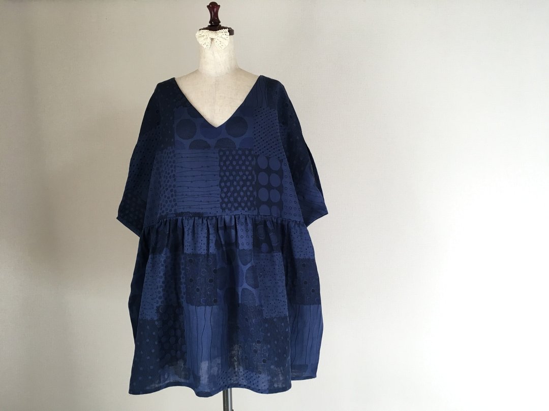Double gauze tunic one piece indigo blue random dot pattern - 洋装/连衣裙 - 棉 蓝色