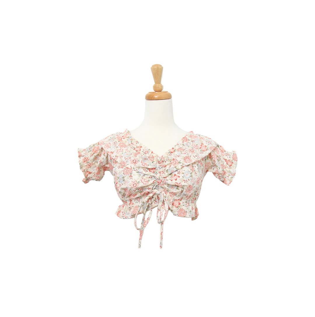 Back to Green- 短版碎花泡泡袖 象牙底 花 vintage shirt - 女装上衣 - 聚酯纤维 