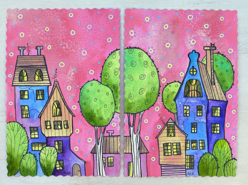 Diptych painting Original art Pink watercolor City Miniature artwork Small decor - 海报/装饰画/版画 - 纸 多色